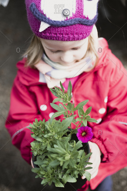 Little girl holding flower in flowerpot