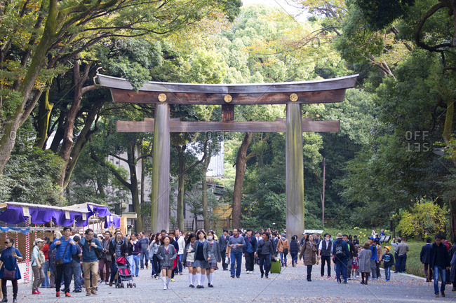 Tokyo, Japan - November 20, 2015: Meiji Jingu shrine torii gate entrance