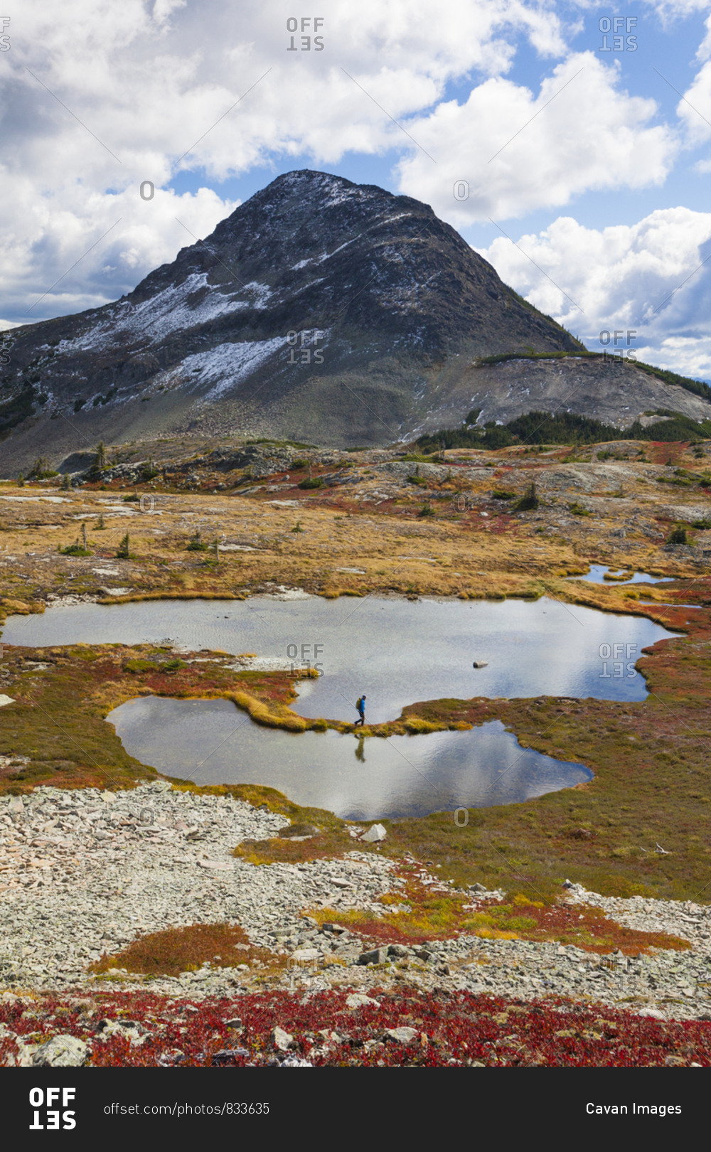 Side view of hiker reflecting in alpine lake