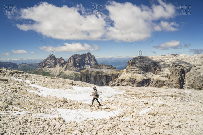 July 16, 2016: Italy, Trentino Alto Adige, Canazei . Sass Pordoi, 2950 mt. The Sass Pordoi or Sasso Pordoi is a mountain of the Dolomites, in the Sella mountain group. It is the most advanced spur south of the entire Sella Group, with a summit consisting of a wide plateau, tilted to the North-West