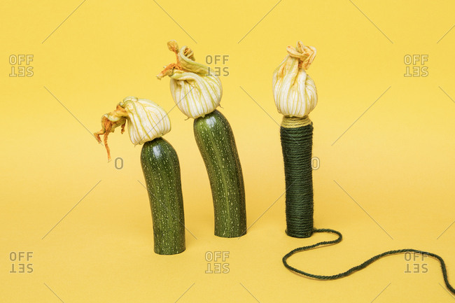 Three zucchinis one wrapped in yarn