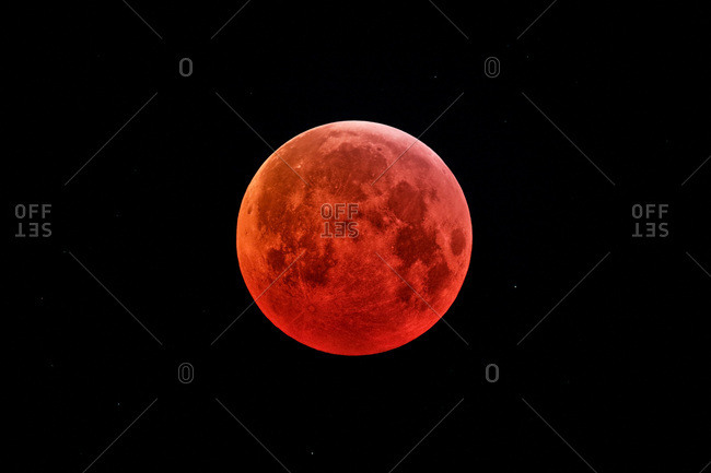 Seine et Marne. Total lunar eclipse of January 21, 2019. The totality. Image receiving a special treatment to highlight contrasts on the surface of the eclipsed Moon.