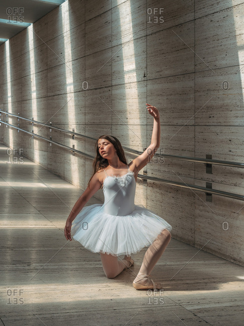 Ballerina in white ballet tutu performing exercises at rail in contrast sunny light