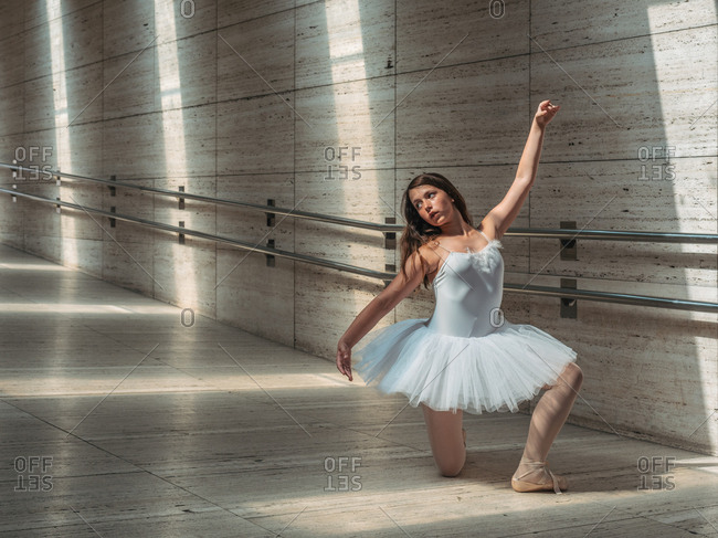 Ballerina in white ballet tutu performing exercises at rail in contrast sunny light
