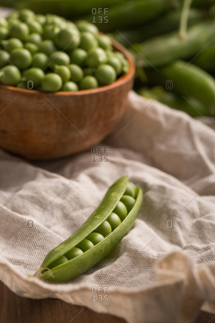 Fresh peas in a wooden scoop placed in a clear cloth on a wooden table