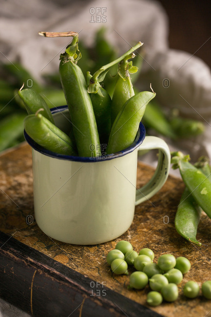 Fresh peas and pea pods in an enamel cup on a grunge background