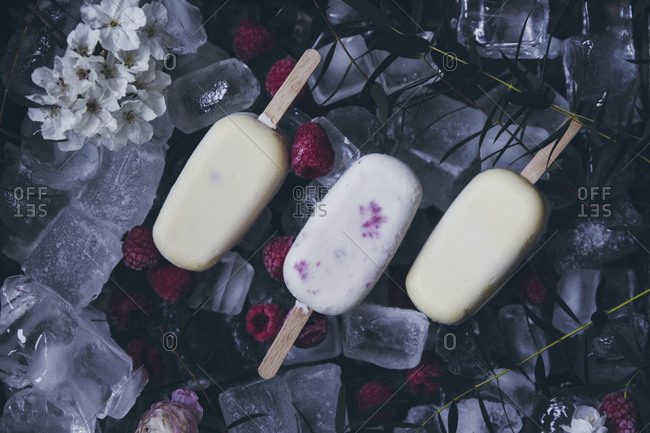 Top view still life of assorted creamy raspberry and vanilla popsicles placed on top of ice cubes, frozen fruit and flowers background