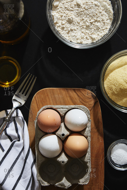 Overhead view of pasta ingredients