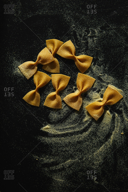 Overhead view of homemade bowtie pasta