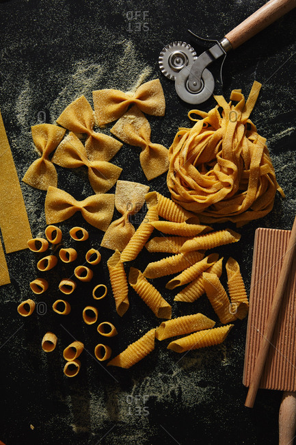 Overhead view of a variety of homemade pasta