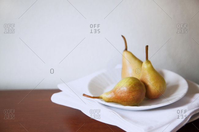 Plate of pears on display