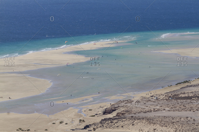 Aerial view of Fuerteventura's famous Sotavento beach. Clear blue water and no people make this beach one of the most famous in Europe.