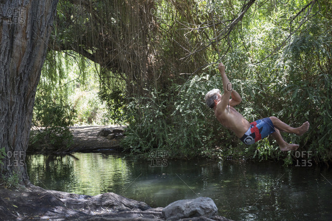 Mature man swings from tree on rope into freshwater lagoon