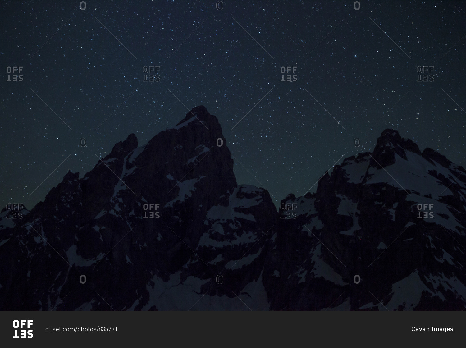 Grand Teton (left) and Mount Owen at night, Grand Teton National Park, Wyoming.