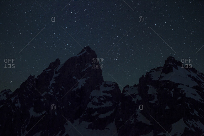 Grand Teton (left) and Mount Owen at night, Grand Teton National Park, Wyoming.