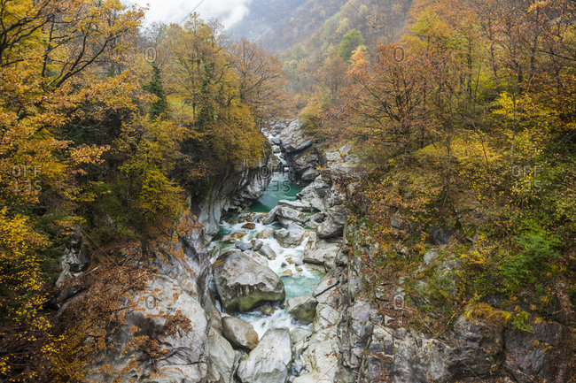 Verzasca River from Ponte di Corippo bridge in autumn, Ticino Canton, Switzerland