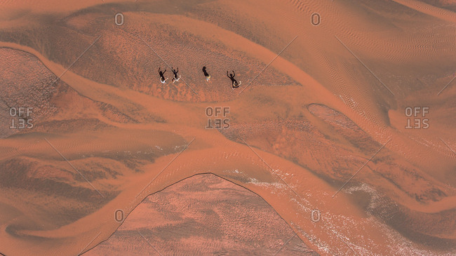 Aerial view of family and their shadows on a red river in Quebrada de las Conchas, Argentina, South America.