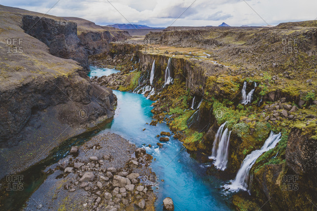 Aerial view of Sigoldugljufur, in the Icelandic Highlands, in Iceland. Off the beaten path, this incredible set of waterfalls is hiding in plain sight.
