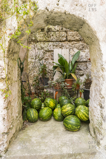 Italy, Apulia, Galatina . Fruit shop at Via d'Aruba, watermelons for sale