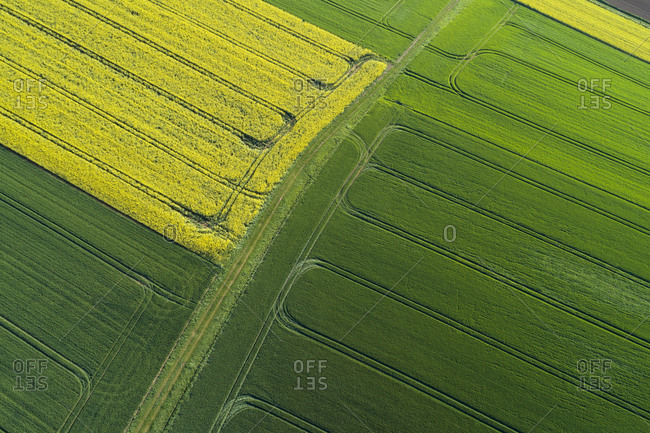 Abstract aerial view of landscape with dirt road between agricultural fields- springtime- Franconia- Bavaria- Germany