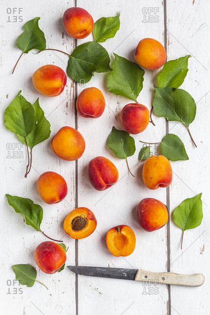 Apricots and knife on white wood