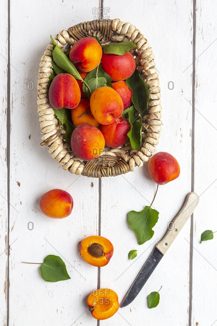 Apricots in basket- knife on white wood