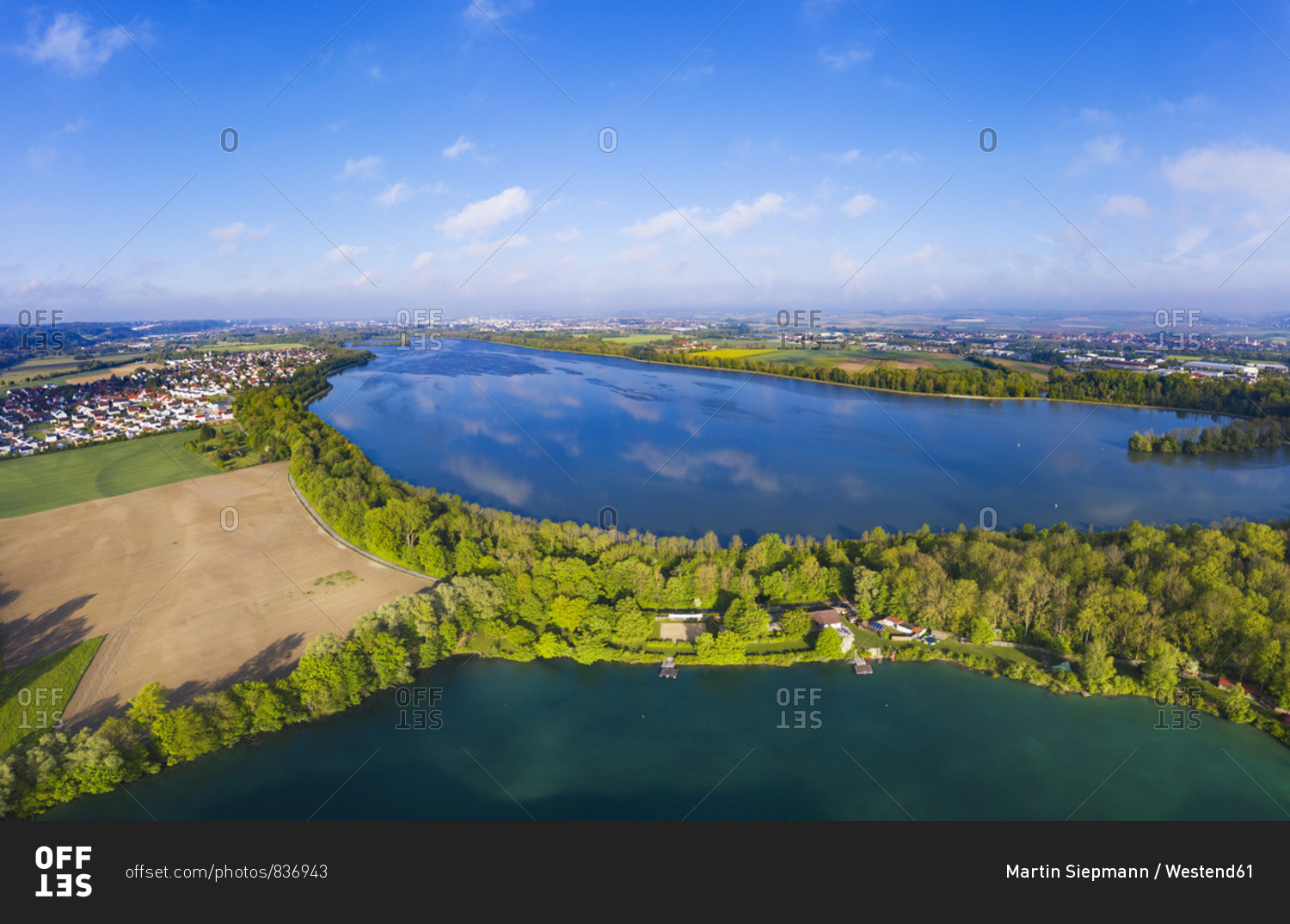 Altheim reservoir- Isar- pond in local recreation area Gretlmuehle- near Landshut- Bavaria- Germany- drone shot