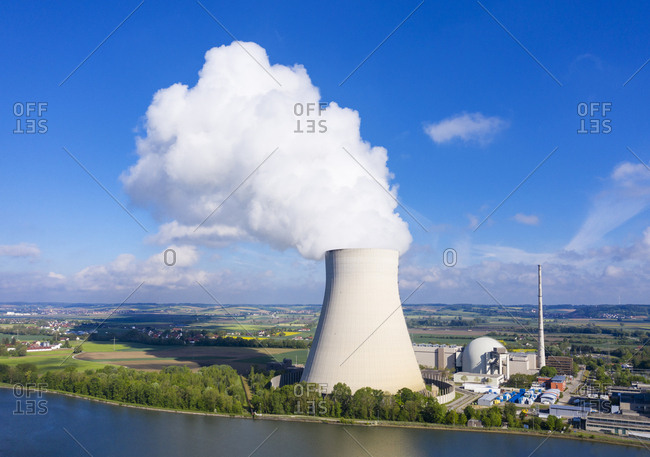 Isar Nuclear Power Plant- Niederaichbach reservoir- near Landshut- Bavaria- Germany- drone shot