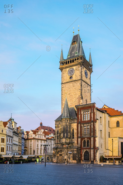 Czech Republic - May 23, 2016: Czech Republic, Prague, Stare Mesto (Old Town). Old Town Hall on Staromestske namesti, Old Town Square at dawn.