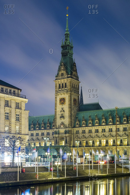 Germany - December 30, 2013: View of Hamburg Rathaus (Town Hall) at night, Hamburg, Germany, Europe.