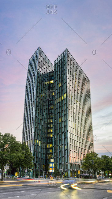 Germany - August 13, 2014: Tanzende Turme (Dancing Towers) modern office building in St. Pauli neighborhood of central Hamburg, Germany