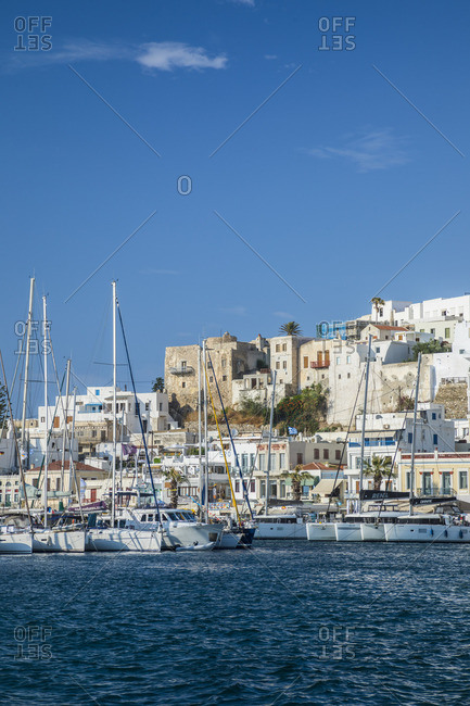 Greece - June 15, 2019: Harbor of Naxos Town, Naxos, Cyclade Islands, Greece