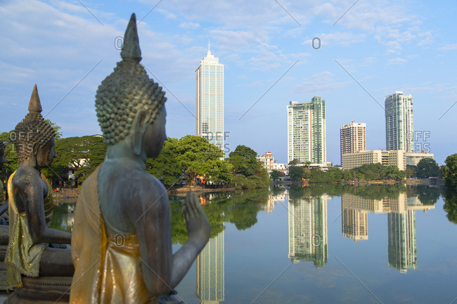 Sri Lanka - April 14, 2019: Statues at Seema Malakaya on Bere Lake, Colombo, Sri Lanka