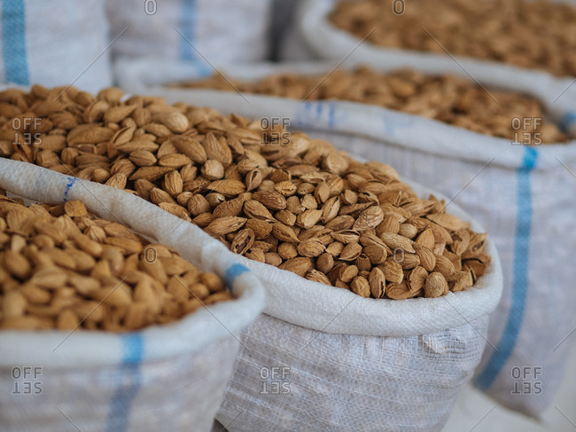 Almonds in sacks for sale in market in Uzbekistan