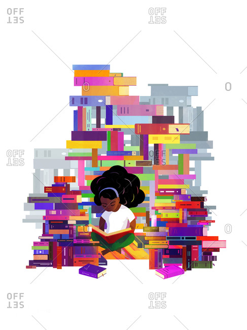 A girl reading surrounded by piles of books