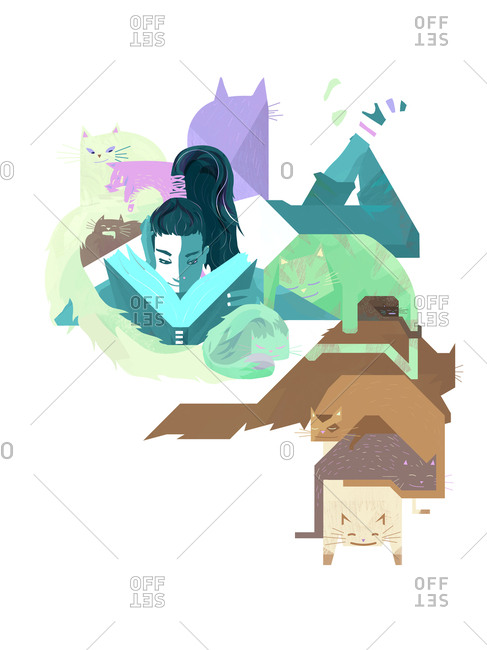 A young woman reading surrounded by cats