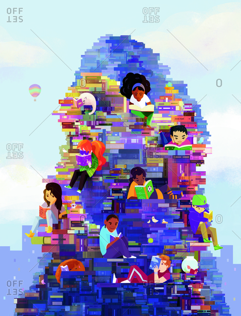 Children reading on a huge pile of books