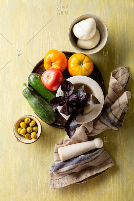 Cooking ingredients: cheese and veggies top view