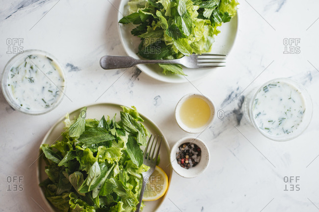 Green salad with herbs and lemon dressing served with sour yogurt dressing