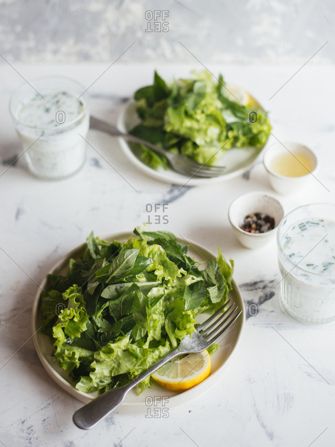 Green salad with herbs and lemon dressing served with sour yogurt dressing