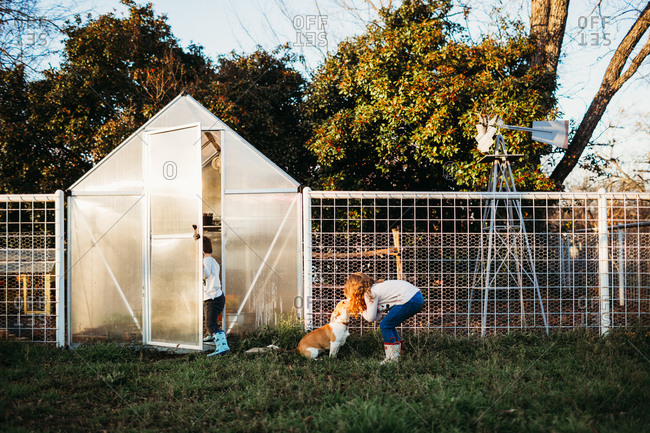 Children by backyard greenhouse with corgi dog