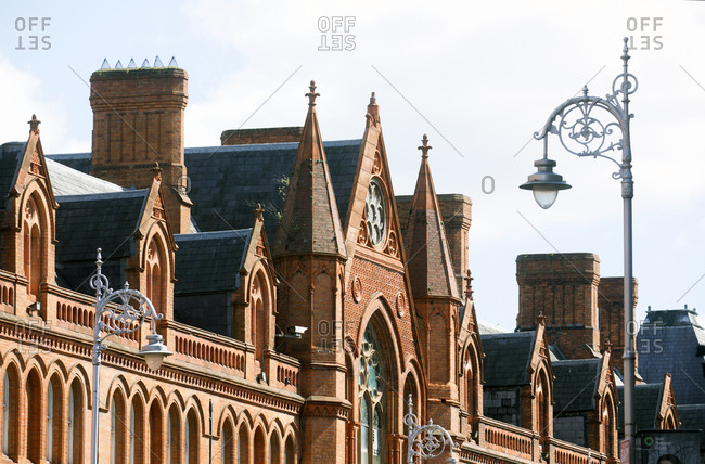 Ornate building rooftops and facade in the center of Dublin, Ireland