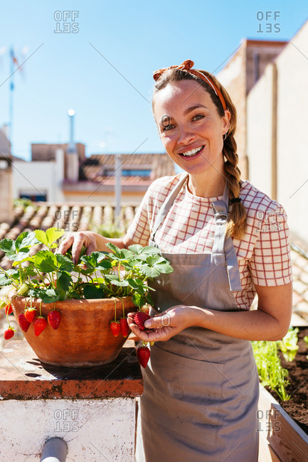 Caucasian woman with a strawberries flowerpot in a rooftop.