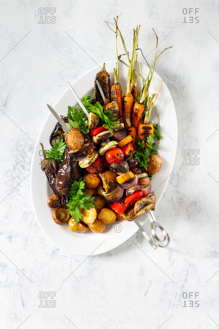 Dinner meal vegetarian of vegetable shish kebab