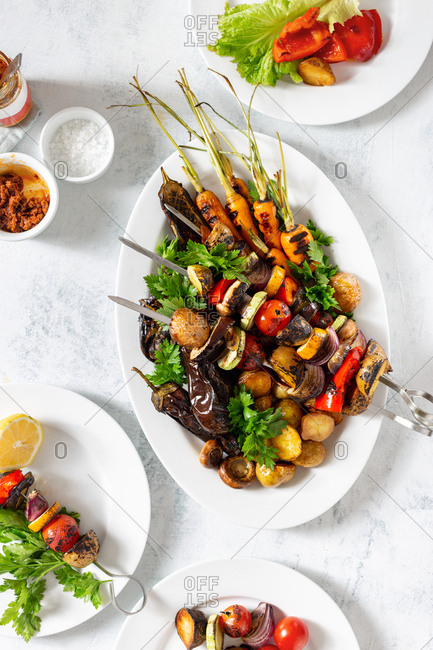 Dinner meal vegetarian of vegetable shish kebab