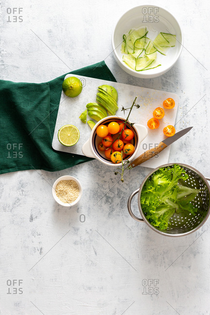 Cooking diet salad on a white background top view