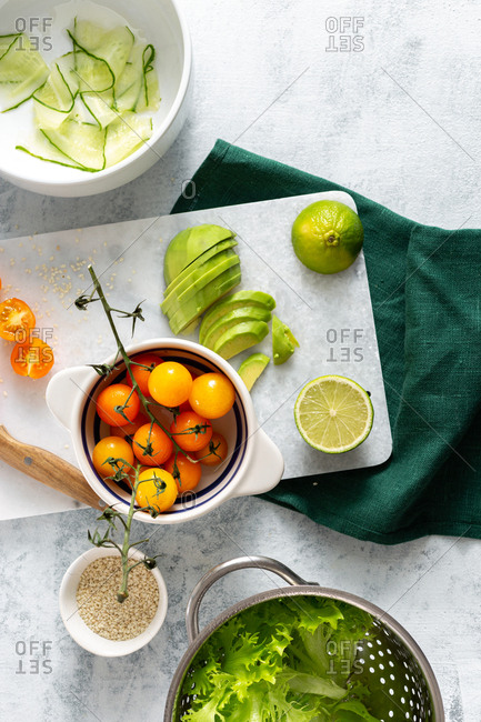 Ingredients for preparation dietary salad on a white background top view