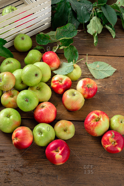 Freshly picked apples on wooden table