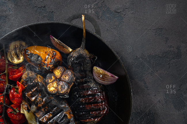 Various vegetables cooked on a grill pan
