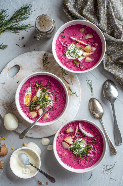 Lithuanian chilled beetroot soup with potatoes, eggs and dill.